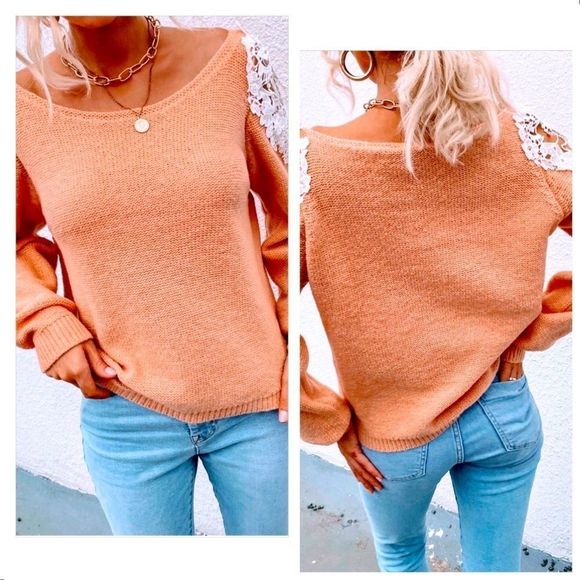 NWT! SCOOP NECK CONTRAST LACE CUT OUT SLEEVE DETAIL SWEATER IN LIGHT ORANGE 🍊! - Picture 2 of 13